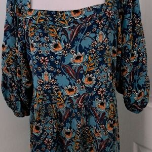 Teal Blue Floral Paisley Square Neck Puff Sleeve Tiered Midi Dress with Tie Belt